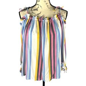 A.n.a. Womens Ruffled Off The Shoulder Striped Flowy Spaghetti Strap Blouse